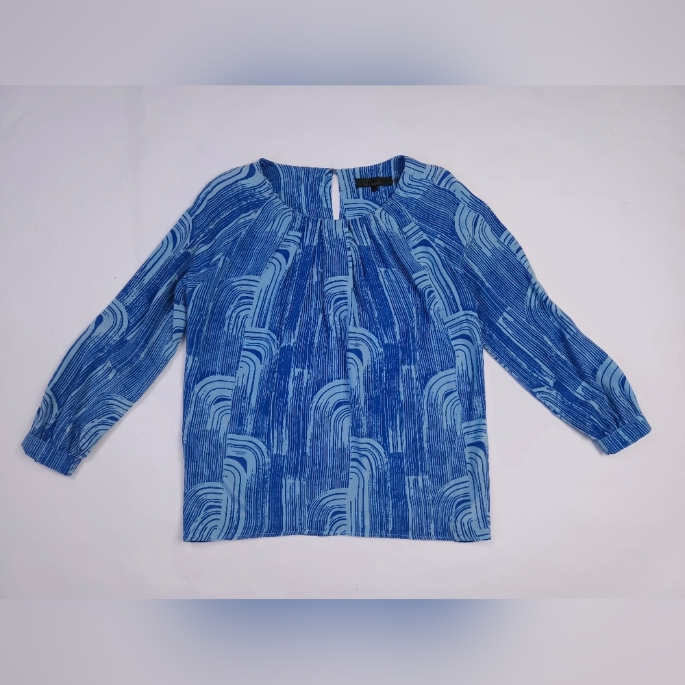 Kelly Wearstler Retro Print Blue 100% Silk Top Blouse Women's Size 4 Lightweight